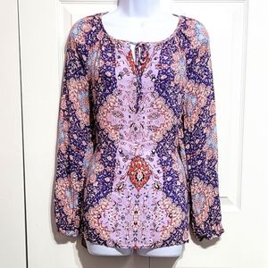 Lucky Brand Long Sleeve Flowey Blouse Top Shirt Purple Lilac Pattern Pri…